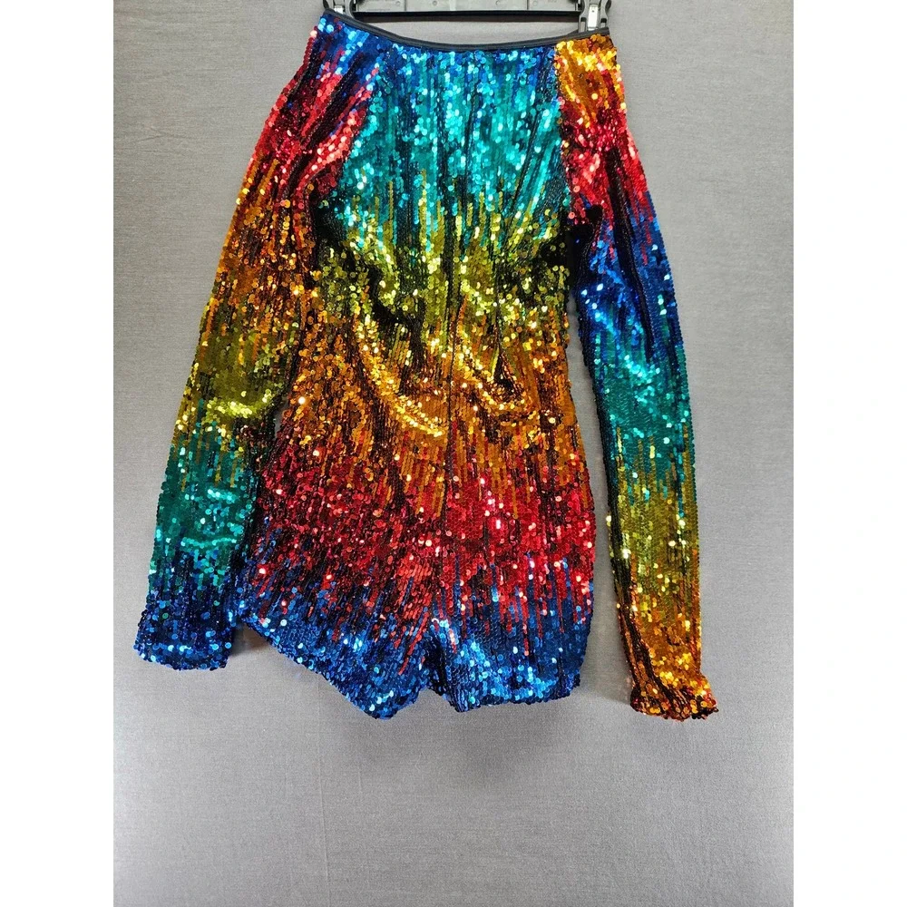 Rainbow Sequin Long Sleeve Romper Festival Rave Ombre Bodysuit Multicolor L/XL